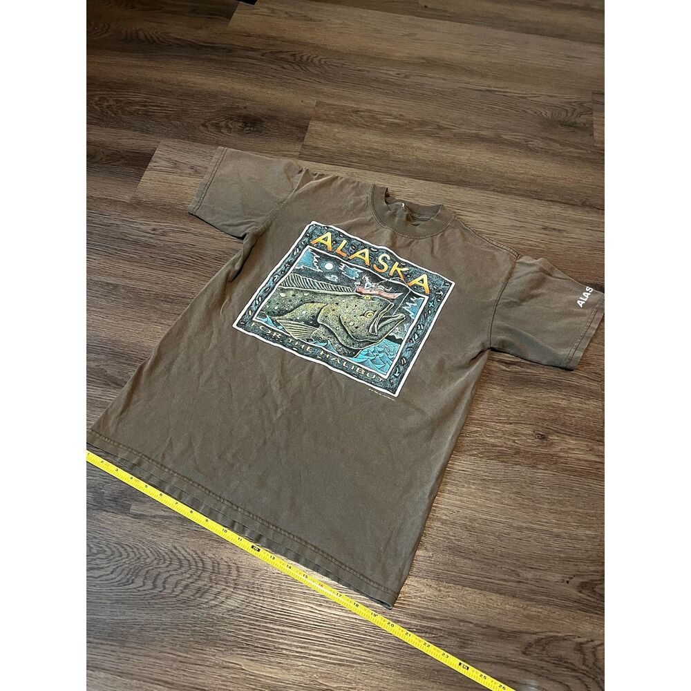 Vintage Ray Troll Alaska Just For The Halibut T Shirt Mens Brown Graphic Tee